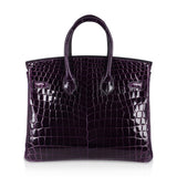 Hermes Birkin 25 Bag Aubergine Niloticus Crocodile with Gold Hardware