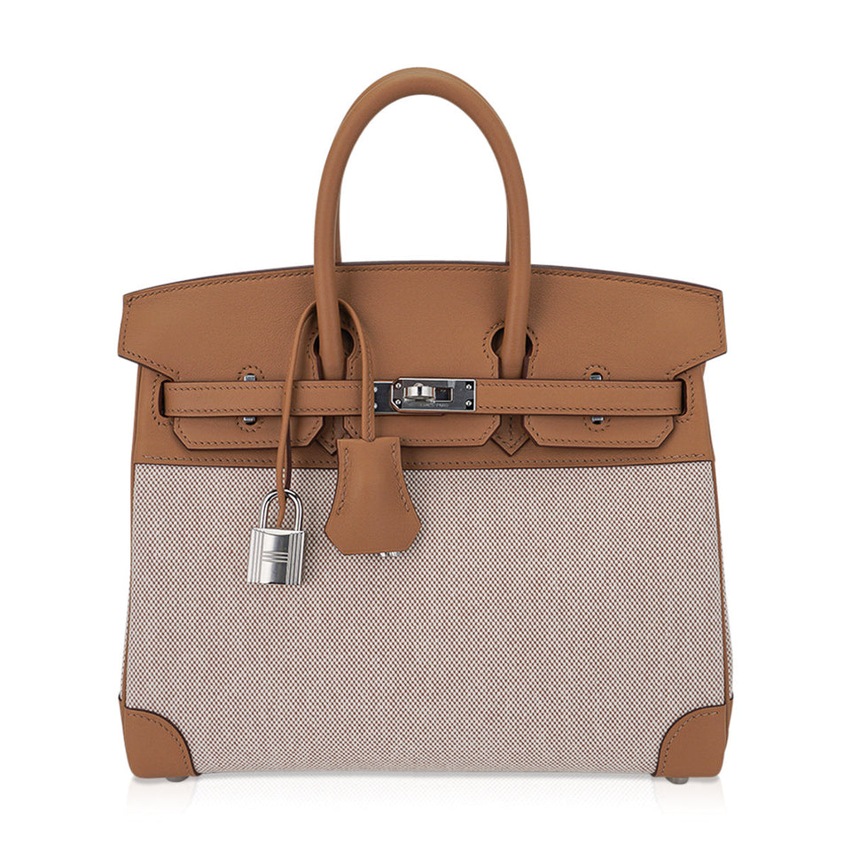 Hermes Limited Edition Birkin 25 Bag in Biscuit Swift Leather & Ecru Toile H with Palladium Hardware