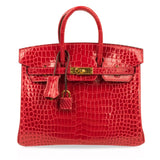 Hermes Birkin 25 Bag Red Braise Porosus Crocodile Gold Hardware Lipstick Red