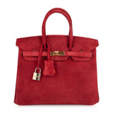 Hermes Birkin 25 Doblis Bag Rouge Vif Suede Gold Hardware