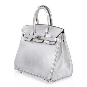 Hermes Birkin 25 Bag Metallic Silver Chevre with Brushed Palladium Hardware