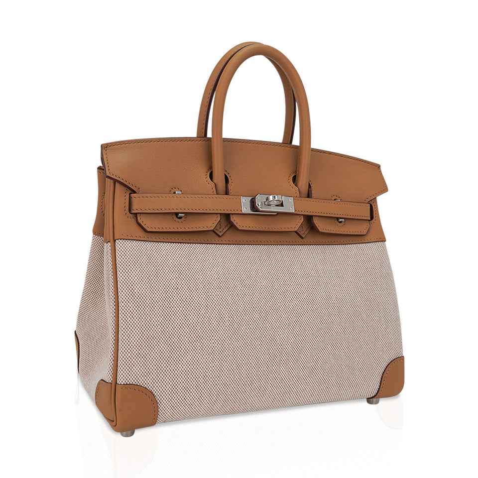 Hermes Limited Edition Birkin 25 Bag in Biscuit Swift Leather & Ecru Toile H with Palladium Hardware