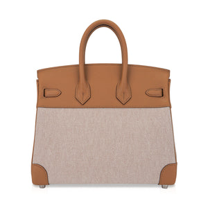 Hermes Limited Edition Birkin 25 Bag in Biscuit Swift Leather & Ecru Toile H with Palladium Hardware