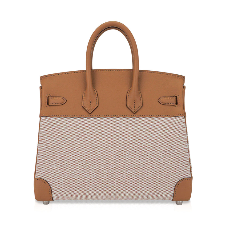 Hermes Limited Edition Birkin 25 Bag in Biscuit Swift Leather & Ecru Toile H with Palladium Hardware