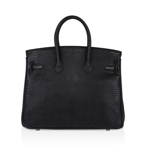 Hermes Limited Edition Birkin 25 Bag Matte Black Lizard with Palladium Hardware