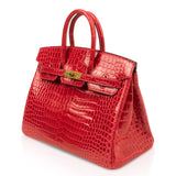 Hermes Birkin 25 Bag Red Braise Porosus Crocodile Gold Hardware Lipstick Red