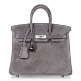 Hermes Birkin 25 Bag Gris Fume Doblis Suede with Palladium Hardware