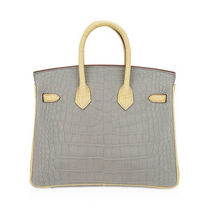 Hermes Special Order HSS Birkin 25 Bag Gris Perle & Vanille Matte Alligator with Rose Gold Hardware