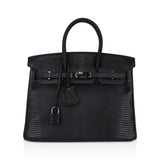 Hermes Limited Edition Birkin 25 Bag Matte Black Lizard with Palladium Hardware