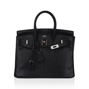 Hermes Limited Edition Birkin 25 Bag Matte Black Lizard with Palladium Hardware