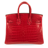 Hermes Birkin 25 Bag Red Braise Porosus Crocodile Gold Hardware Lipstick Red