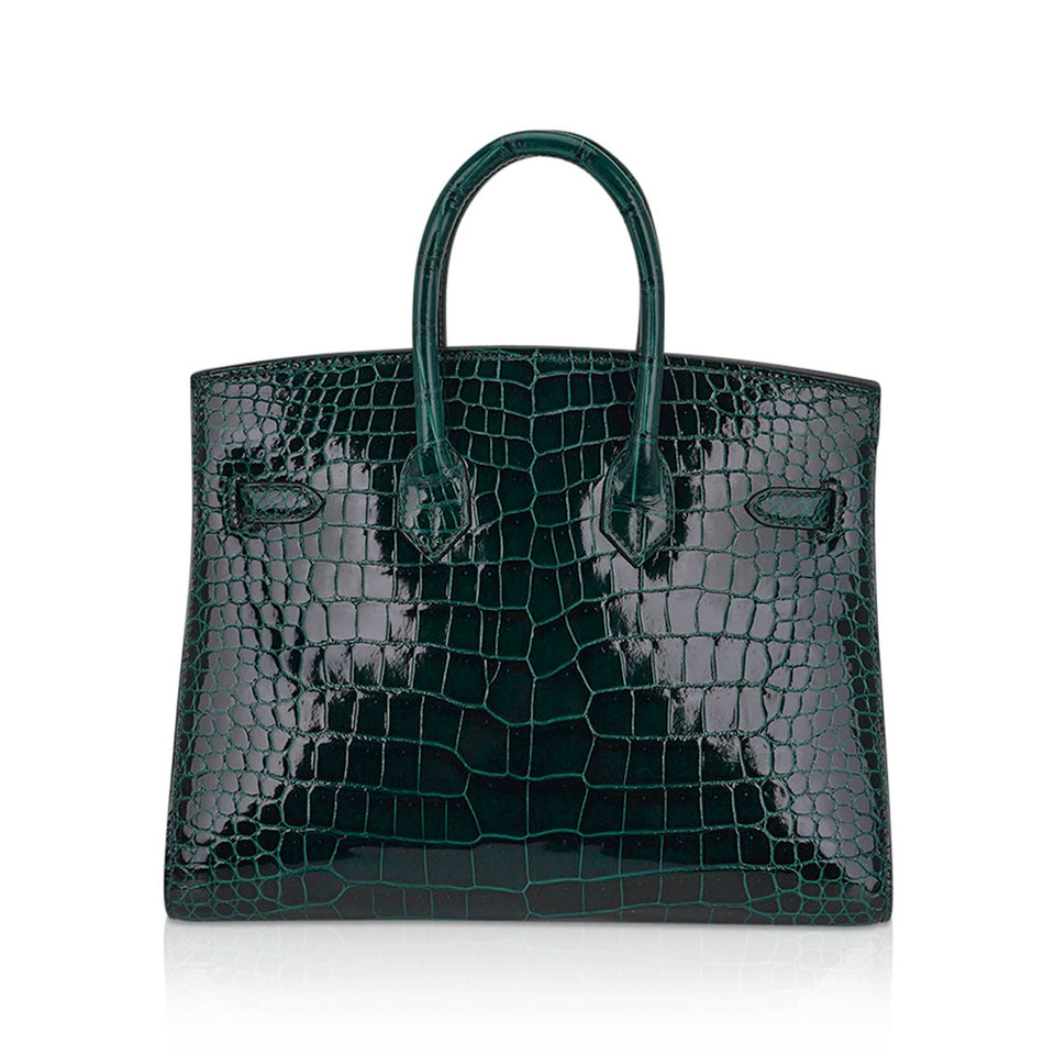 Hermes Birkin 25 Bag Sellier Vert Fonce Porosus Crocodile Bag with Gold Hardware