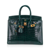 Hermes Birkin 25 Bag Sellier Vert Fonce Porosus Crocodile Bag with Gold Hardware