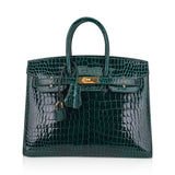 Hermes Birkin 25 Bag Sellier Vert Fonce Porosus Crocodile Bag with Gold Hardware