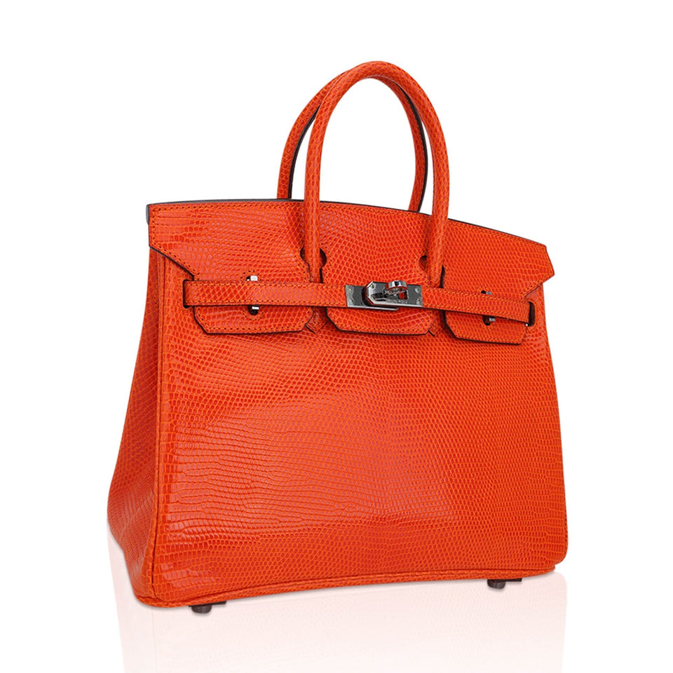 Hermes Birkin 25 Bag Orange Tangerine Lizard with Ruthenium Hardware