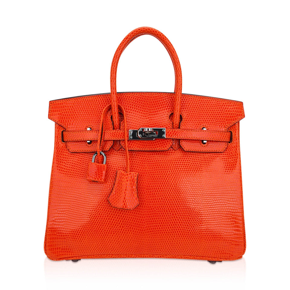 Hermes Birkin 25 Bag Orange Tangerine Lizard with Ruthenium Hardware