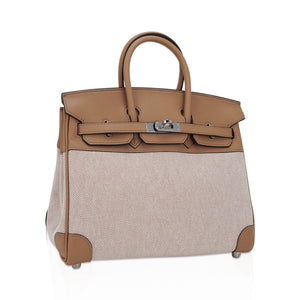 Hermes Limited Edition Birkin 25 Bag Ecru Toile H Chai Swift Leather with Palladium Hardware