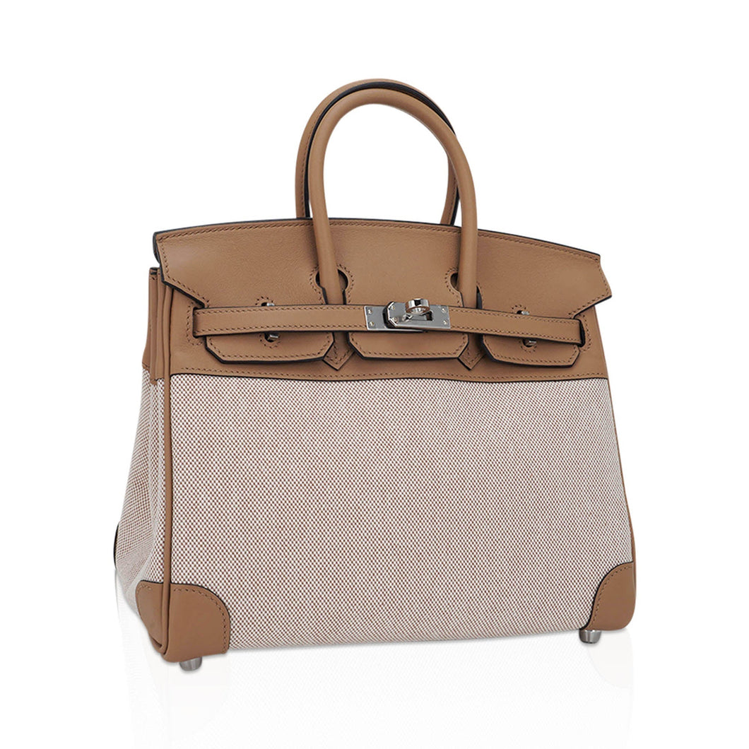 Hermes Limited Edition Birkin 25 Bag Ecru Toile H Chai Swift Leather with Palladium Hardware