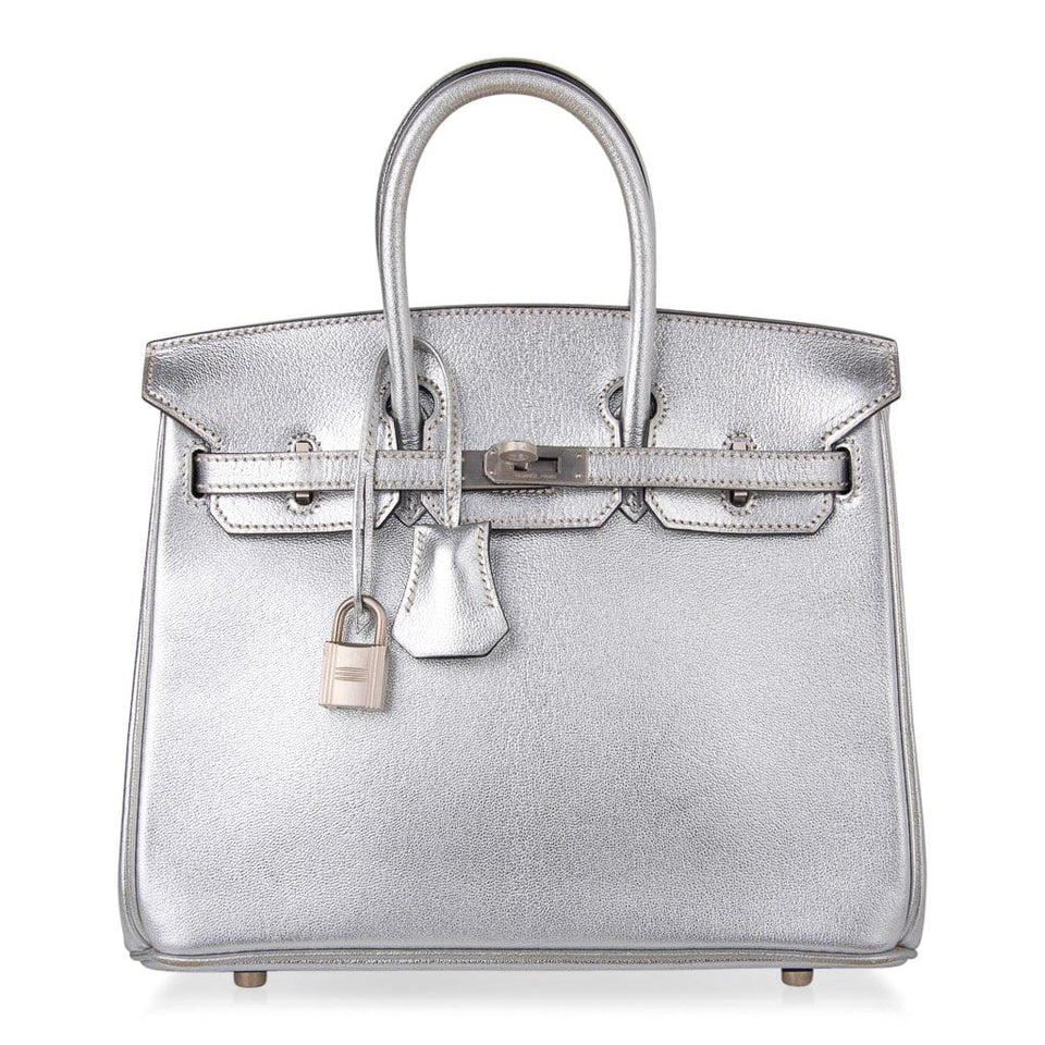 Hermes Birkin 25 Bag Metallic Silver Chevre with Brushed Palladium Hardware