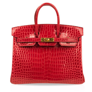 Hermes Birkin 25 Bag Red Braise Porosus Crocodile Gold Hardware Lipstick Red