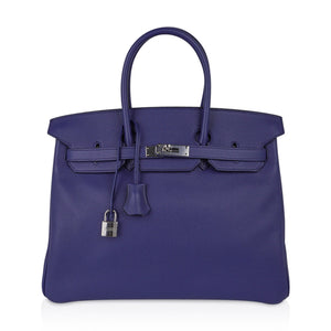 Hermes Limited Edition Birkin 35 Bag Blue Sapphire Taurillon Novillo Leather & Toile Sea Surf & Fun