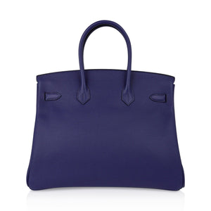 Hermes Limited Edition Birkin 35 Bag Blue Sapphire Taurillon Novillo Leather & Toile Sea Surf & Fun