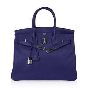 Hermes Limited Edition Birkin 35 Bag Blue Sapphire Taurillon Novillo Leather & Toile Sea Surf & Fun