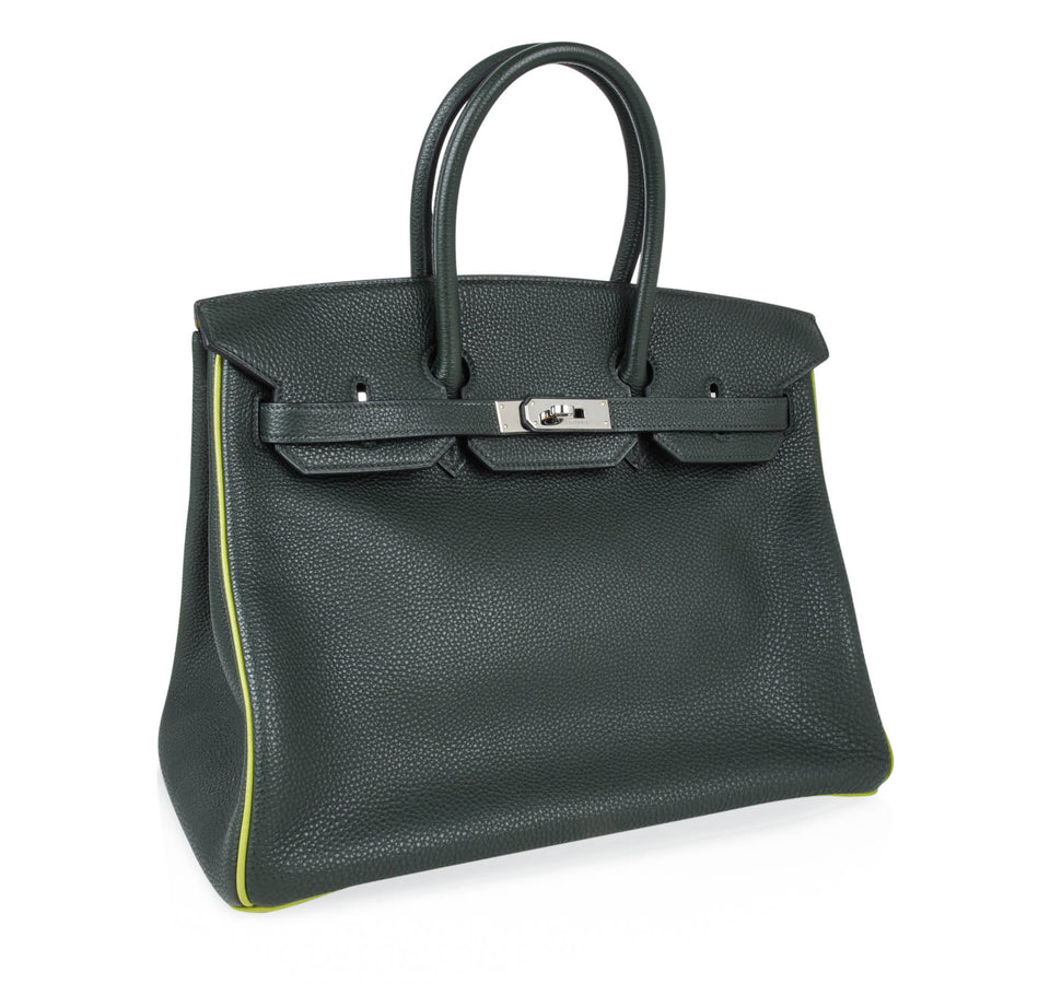 Hermes Birkin 35 Bag Vert Fonce Anis Piping Chartreuse Interior Ruthenium Togo