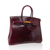 Hermes Special Order HSS Birkin 35 Bag Bordeaux Porosus Crocodile with Gold Hardware