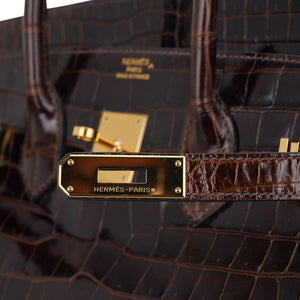 Hermes Birkin 35 Bag Cocoan Porosus Crocodile with Gold Hardware