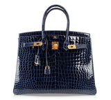 Hermes Birkin 35 Bag Blue Sapphire Porosus Crocodile Gold Hardware New