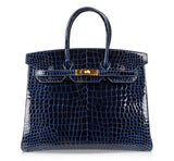 Hermes Birkin 35 Bag Blue Sapphire Porosus Crocodile Gold Hardware New