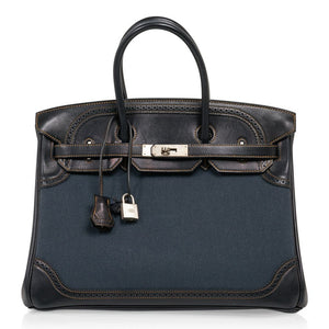 Hermes Birkin 35 Ghillies Denim Fonce Toile / Black Evercalf Bag Limited Edition