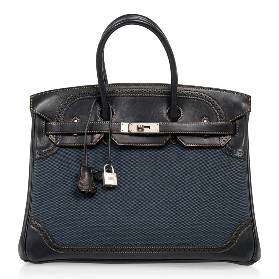 Hermes Birkin 35 Ghillies Denim Fonce Toile / Black Evercalf Bag Limited Edition