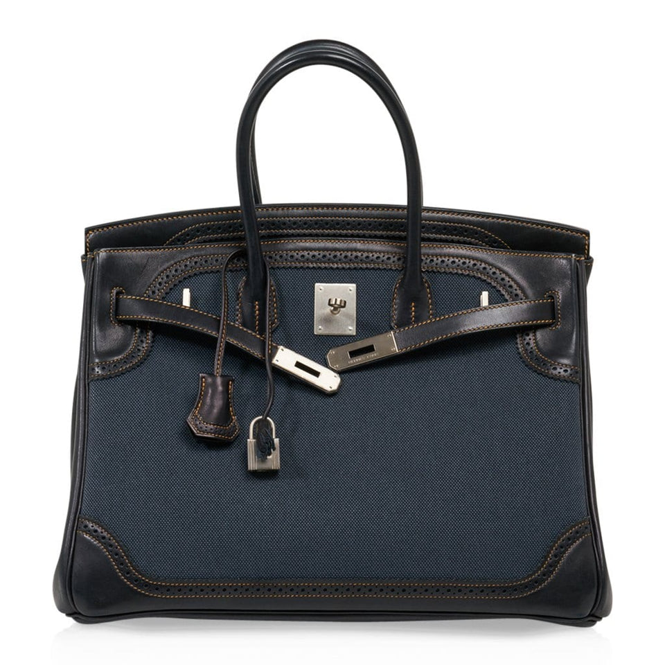 Hermes Birkin 35 Ghillies Denim Fonce Toile / Black Evercalf Bag Limited Edition