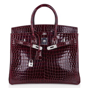 Hermes Birkin 35 Bag Diamond Bordeaux Porosus Crocodile with White Gold Hardware