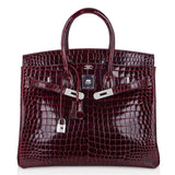 Hermes Birkin 35 Bag Diamond Bordeaux Porosus Crocodile with White Gold Hardware