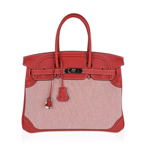 Hermes Limited Edition Birkin 35 Ghillies Bag Sanguine Toile & Swift Leather with Palladium Hardware