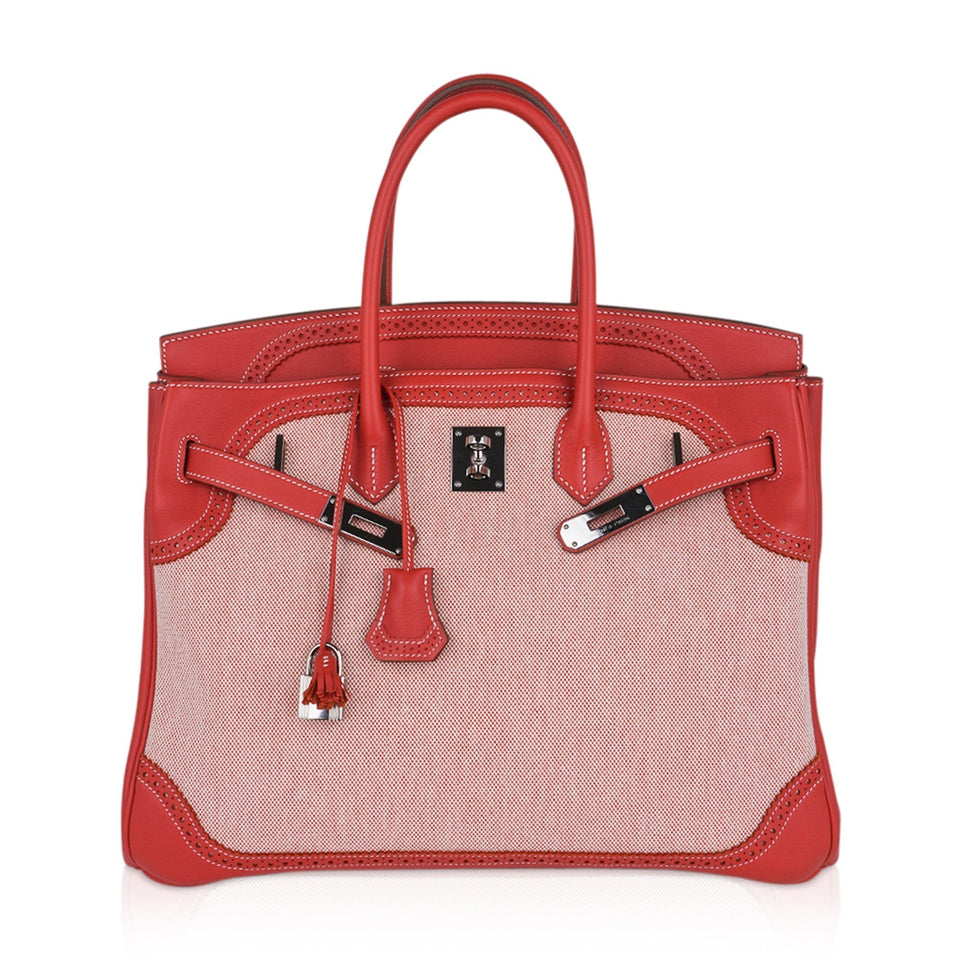 Hermes Limited Edition Birkin 35 Ghillies Bag Sanguine Toile & Swift Leather with Palladium Hardware