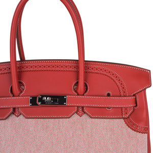 Hermes Limited Edition Birkin 35 Ghillies Bag Sanguine Toile & Swift Leather with Palladium Hardware