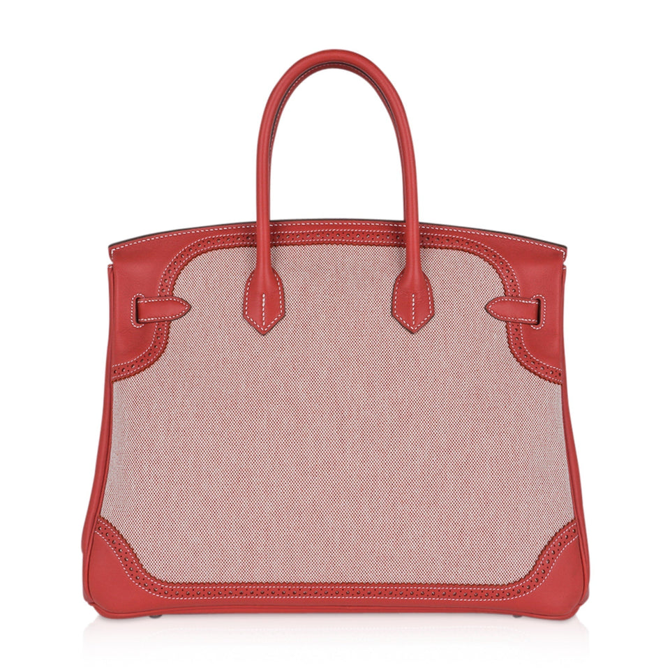 Hermes Limited Edition Birkin 35 Ghillies Bag Sanguine Toile & Swift Leather with Palladium Hardware