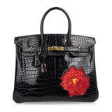 Hermes Limited Edition HSS Birkin 35 Black La Rosee Porosus Crocodile Bag Gold Hardware