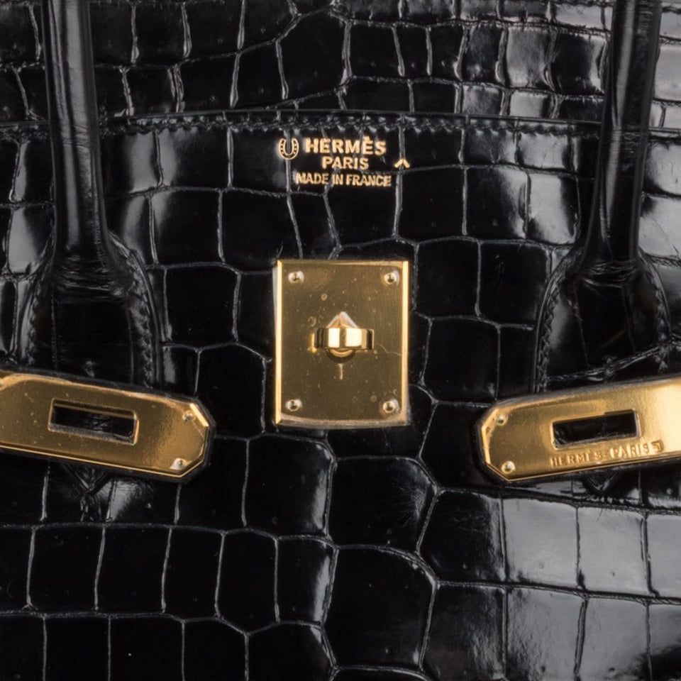 Hermes Limited Edition HSS Birkin 35 Black La Rosee Porosus Crocodile Bag Gold Hardware