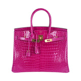 Hermes Birkin 35 Rose Scheherazade Porosus Crocodile Bag Gold Hardware