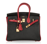 Hermes Birkin HSS 25 Bag Noir / Rouge Casaque Chevre Brushed Gold Hardware