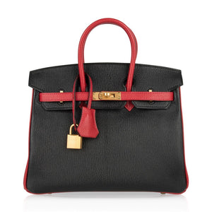 Hermes Birkin HSS 25 Bag Noir / Rouge Casaque Chevre Brushed Gold Hardware