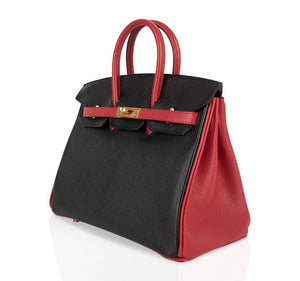 Hermes Birkin HSS 25 Bag Noir / Rouge Casaque Chevre Brushed Gold Hardware