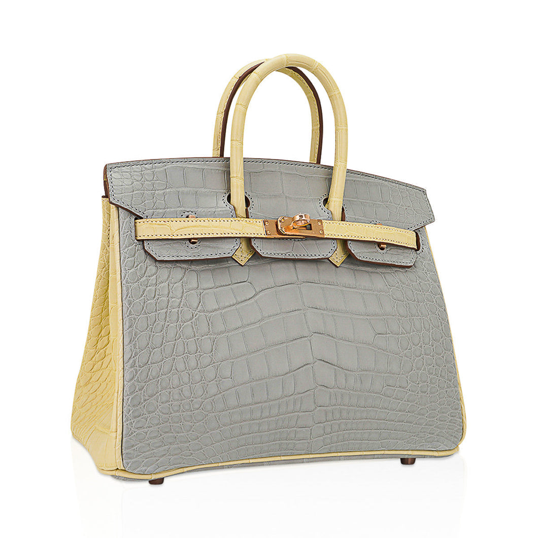 Hermes Special Order HSS Birkin 25 Bag Gris Perle & Vanille Matte Alligator with Rose Gold Hardware