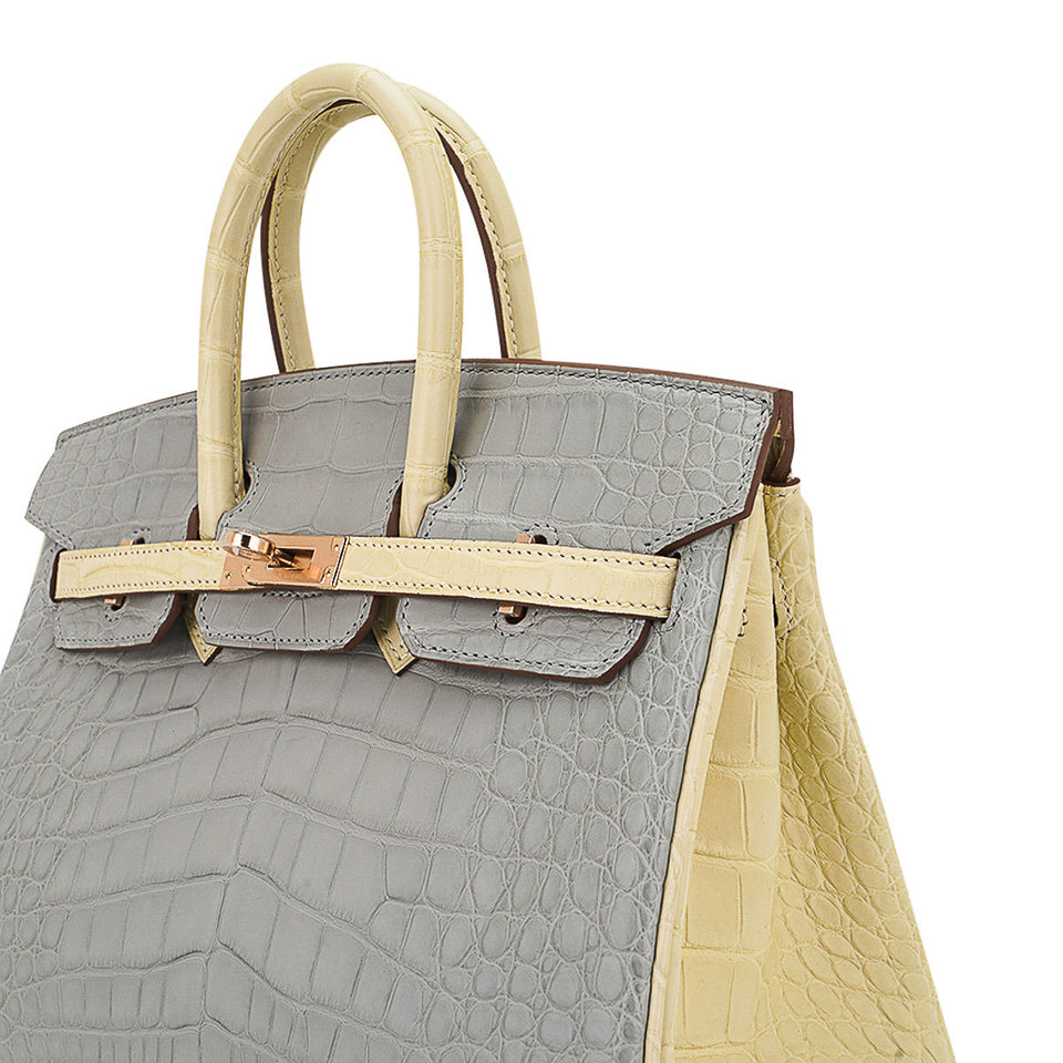 Hermes Special Order HSS Birkin 25 Bag Gris Perle & Vanille Matte Alligator with Rose Gold Hardware