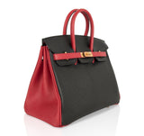 Hermes Birkin HSS 25 Bag Noir / Rouge Casaque Chevre Brushed Gold Hardware